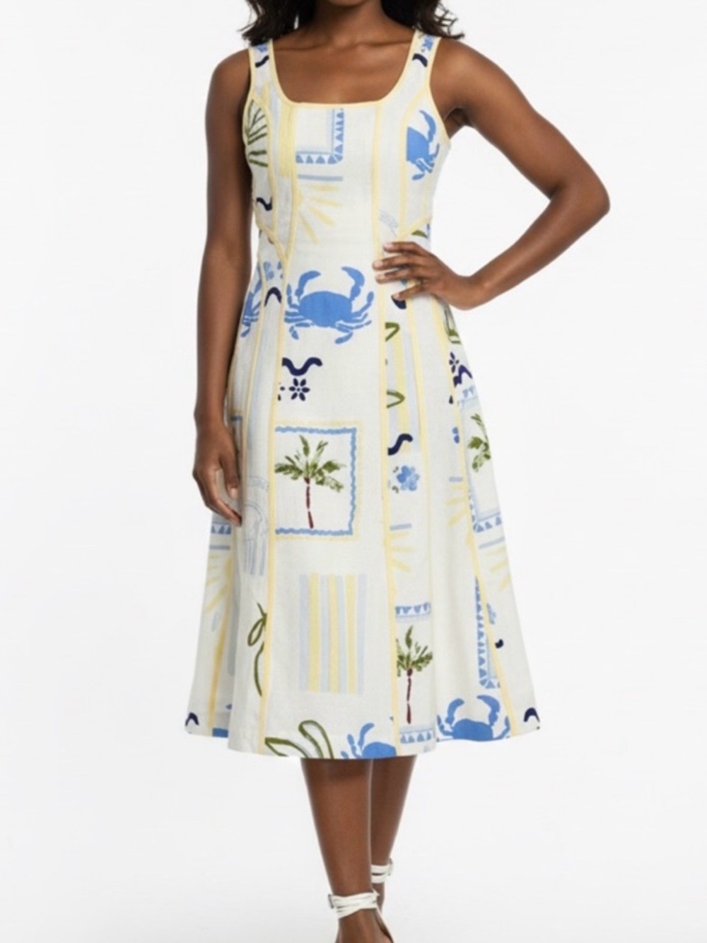 Caroline Constas White Midi Dress with Blue & Yellow Tropical Motif
